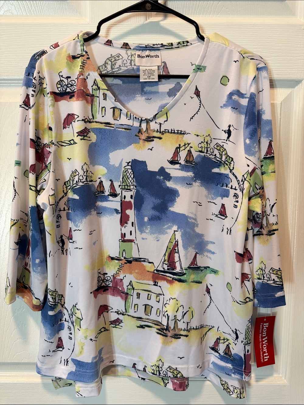BonWorth Lighthouse Print V-Neck Women's Top in Multi